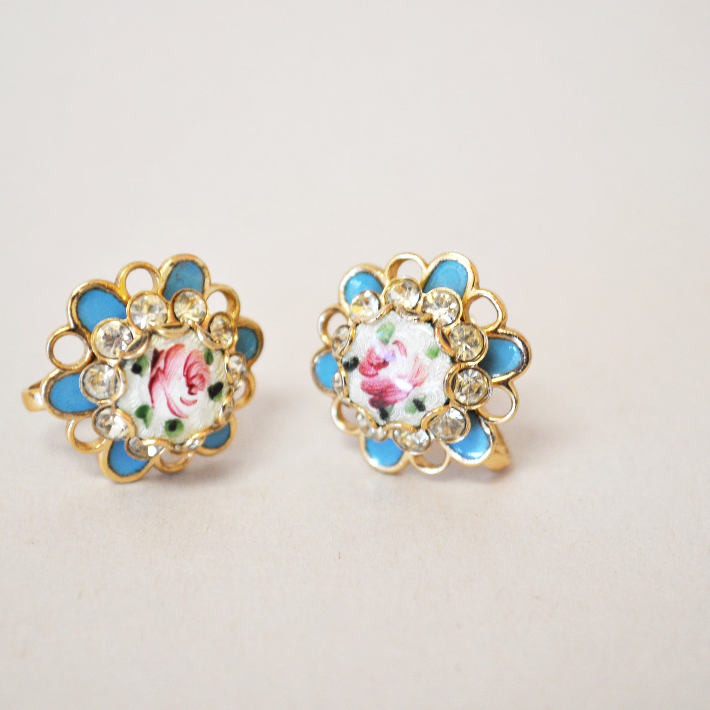 Vintage Rose and Rhinestone Earrings